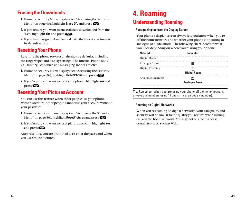 Roaming, Understanding roaming, Erasing the downloads | Resetting your phone, Resetting your pictures account | Sanyo Scp 8100 User Manual | Page 25 / 71