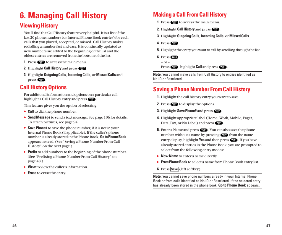 Managing call history, Viewinghistory, Call history options | Making a call from call history, Saving a phone number from call history | Sanyo Scp 8100 User Manual | Page 28 / 71