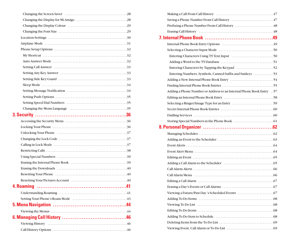 Internal phone book, Personal organizer, Security | Roaming, Menu navigation, Managing call history | Sanyo Scp 8100 User Manual | Page 3 / 71