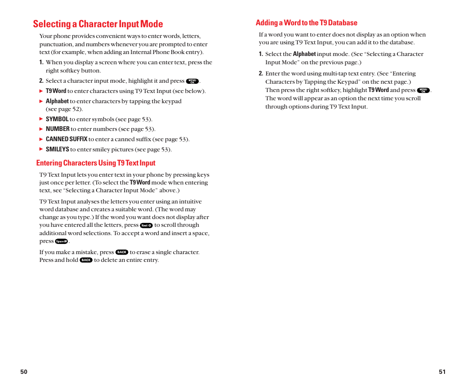 Selecting a character input mode, Adding a word to the t9 database, Entering characters using t9 text input | Sanyo Scp 8100 User Manual | Page 30 / 71