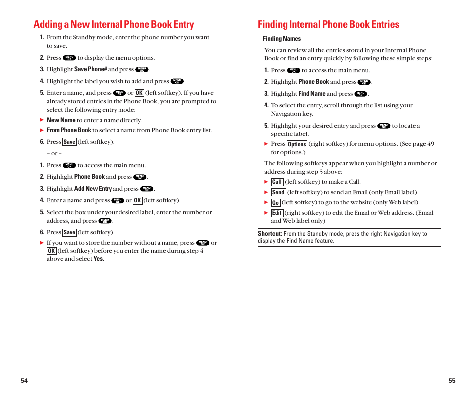 Findinginternal phone book entries, Addinga new internal phone book entry | Sanyo Scp 8100 User Manual | Page 32 / 71
