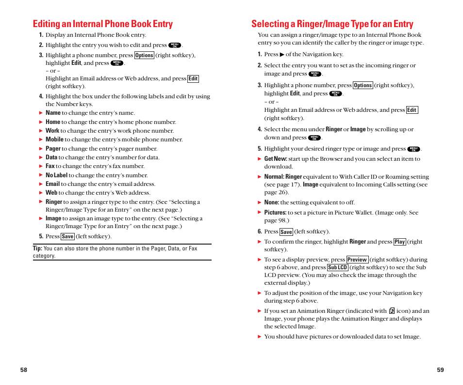 Editing an internal phone book entry, Selecting a ringer/image type for an entry | Sanyo Scp 8100 User Manual | Page 34 / 71