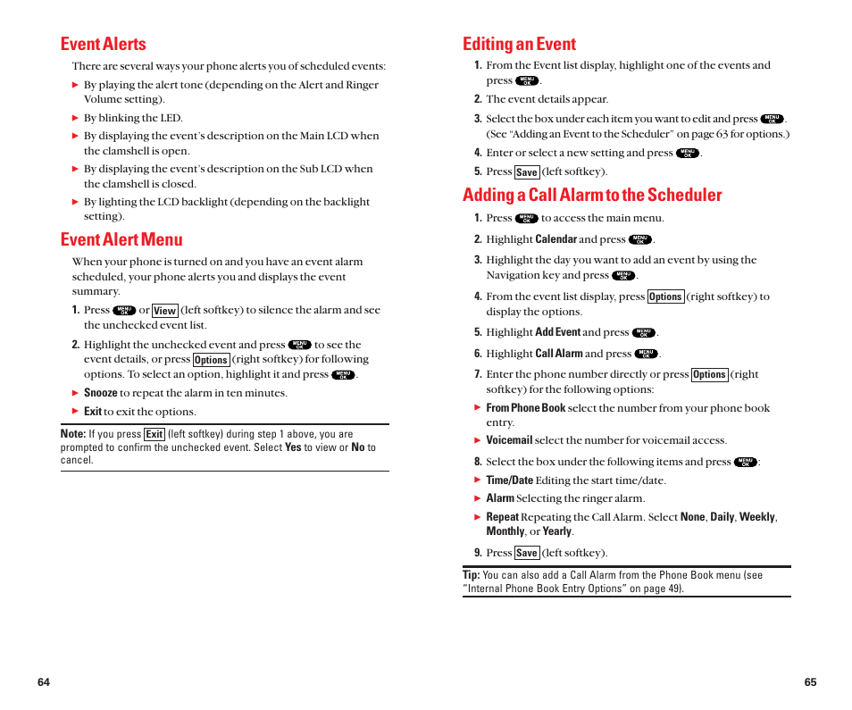 Editing an event, Adding a call alarm to the scheduler, Event alerts | Event alert menu | Sanyo Scp 8100 User Manual | Page 37 / 71