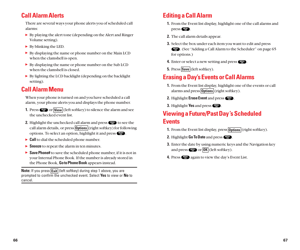 Editing a call alarm, Erasing a day’s events or call alarms, Viewing a future/past day ’s scheduled events | Call alarm alerts, Call alarm menu | Sanyo Scp 8100 User Manual | Page 38 / 71