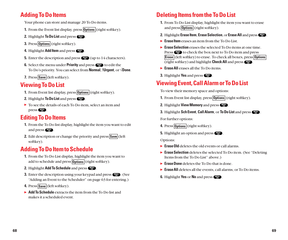 Deleting items from the to do list, Viewing event, call alarm or to do list, Adding to do items | Viewing to do list, Editing to do items, Adding to do item to schedule | Sanyo Scp 8100 User Manual | Page 39 / 71