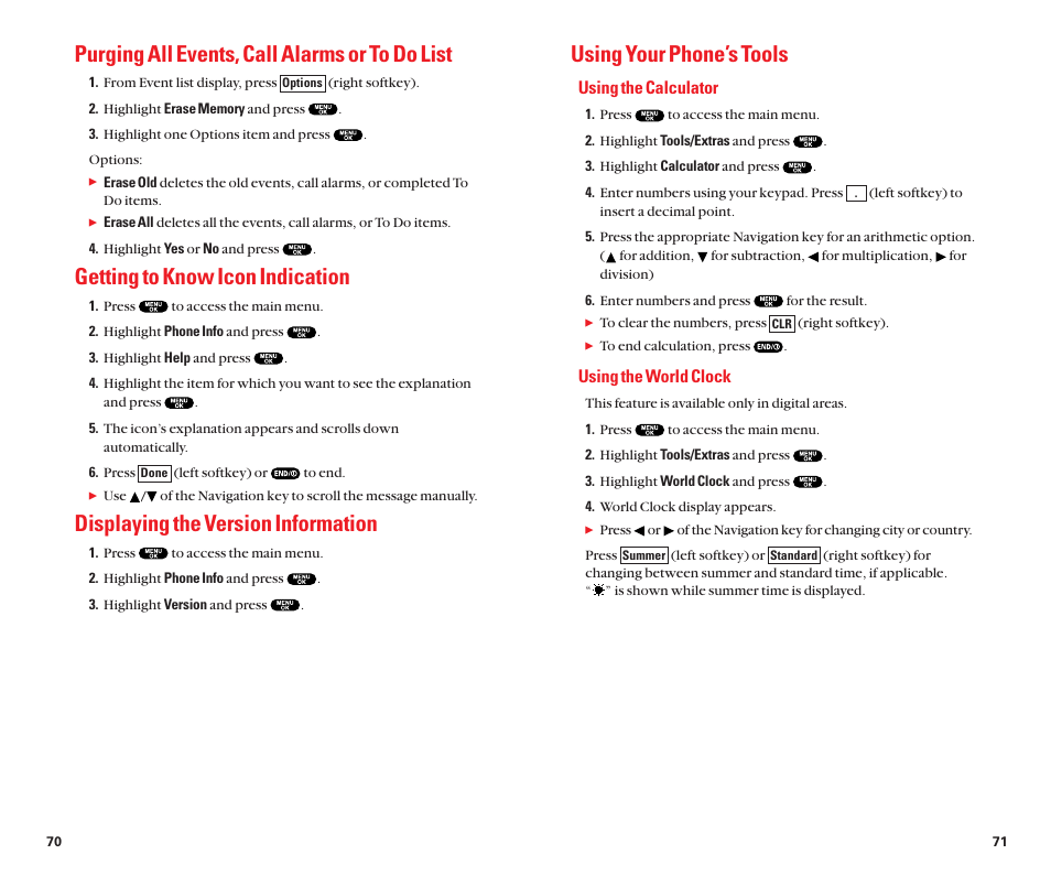 Using your phone’s tools, Purging all events, call alarms or to do list, Getting to know icon indication | Displaying the version information | Sanyo Scp 8100 User Manual | Page 40 / 71