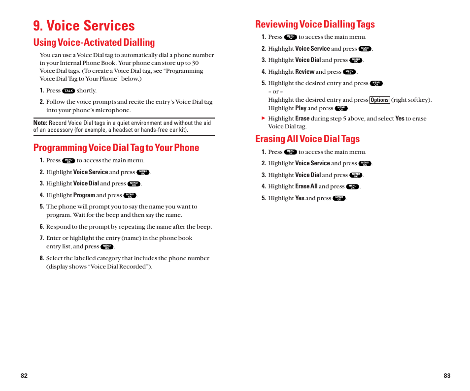 Voice services, Reviewing voice dialling tags, Erasing all voice dial tags | Using voice-activated dialling, Programming voice dial tag to your phone | Sanyo Scp 8100 User Manual | Page 46 / 71