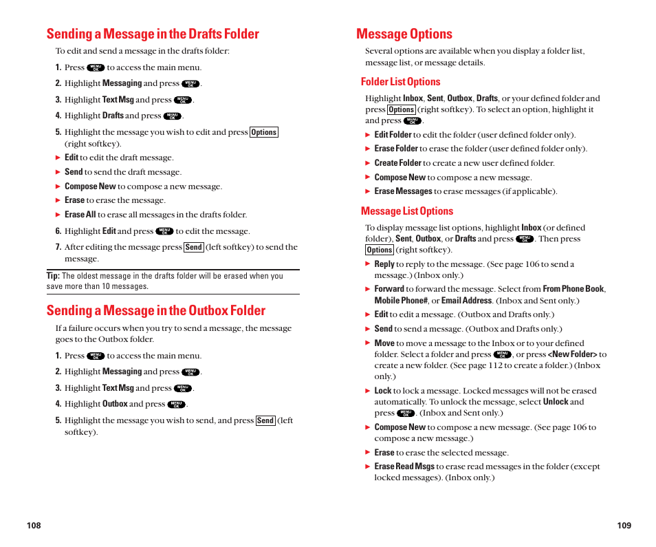 Message options, Sending a message in the drafts folder, Sending a message in the outbox folder | Folder list options, Message list options | Sanyo Scp 8100 User Manual | Page 59 / 71