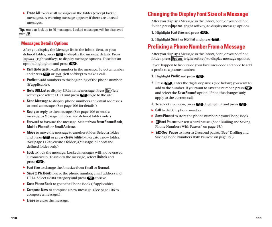 Changing the display font size of a message, Prefixing a phone number from a message, Messages details options | Sanyo Scp 8100 User Manual | Page 60 / 71