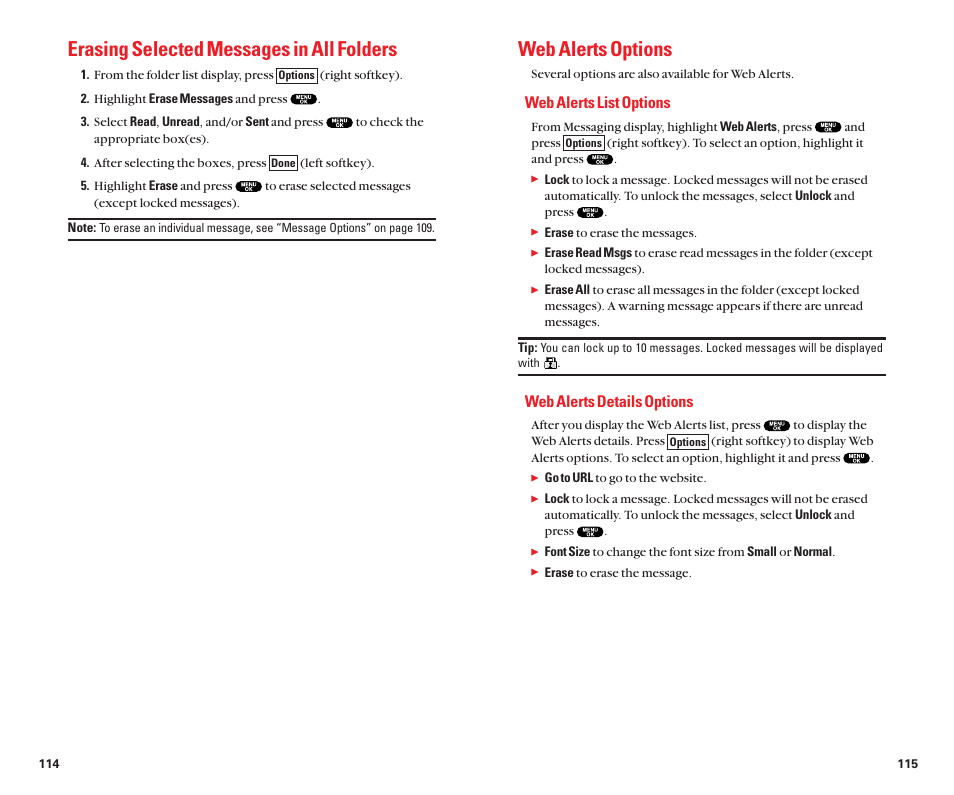 Web alerts options, Erasing selected messages in all folders, Web alerts list options | Web alerts details options | Sanyo Scp 8100 User Manual | Page 62 / 71