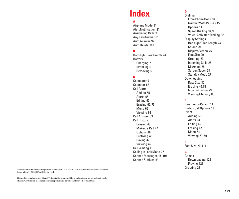 Index | Sanyo Scp 8100 User Manual | Page 69 / 71