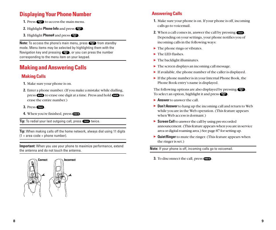 Displayingyour phone number, Making and answering calls, Answering calls | Making calls | Sanyo Scp 8100 User Manual | Page 9 / 71