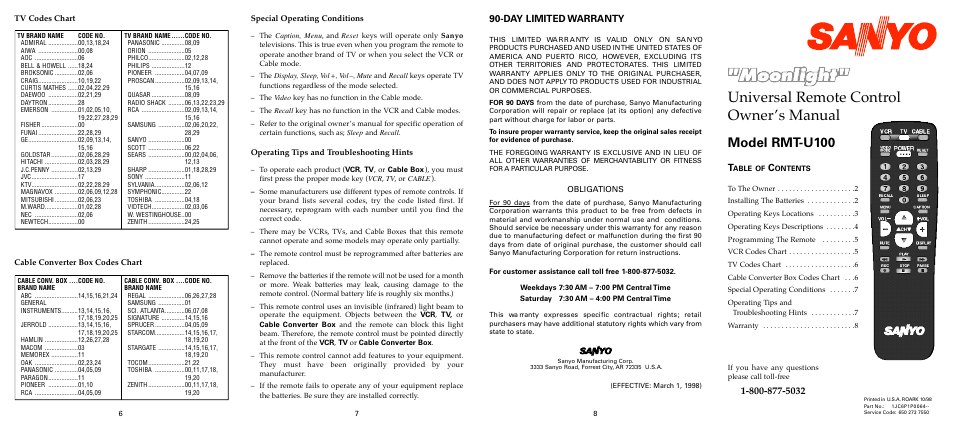 Universal remote control owner’s manual, Model rmt-u100, Day limited warranty | Sanyo RMT-U100 User Manual | Page 2 / 2