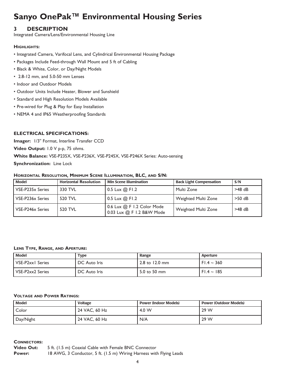 Sanyo onepak™ environmental housing series, 3description | Sanyo Camera Lens User Manual | Page 4 / 8