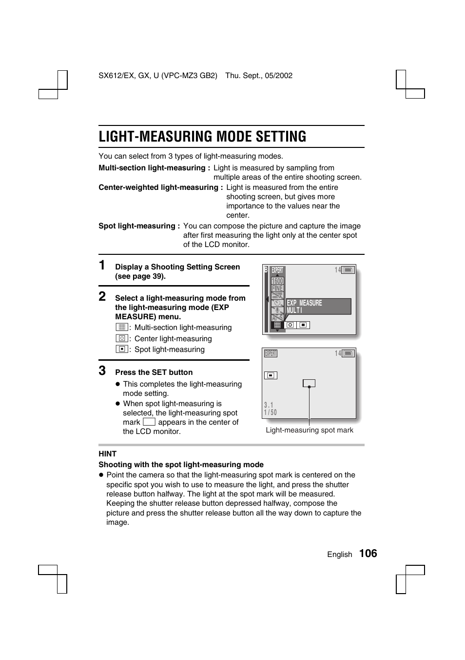 Light-measuring mode setting | Sanyo VPC-MZ3 User Manual | Page 109 / 218