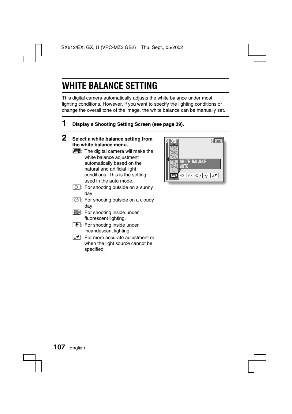 White balance setting | Sanyo VPC-MZ3 User Manual | Page 110 / 218