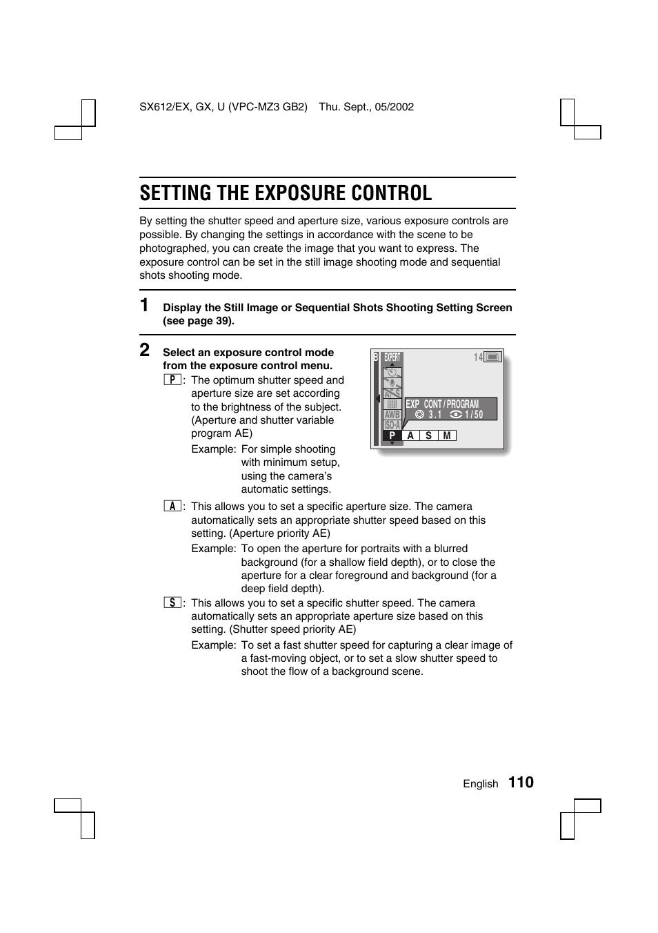 Setting the exposure control | Sanyo VPC-MZ3 User Manual | Page 113 / 218