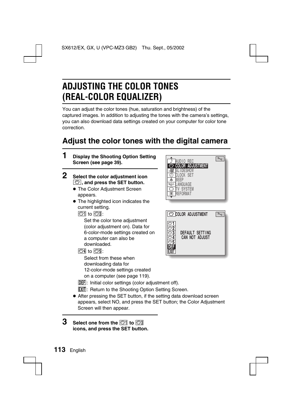 Adjusting the color tones (real-color equalizer), Adjust the color tones with the digital camera | Sanyo VPC-MZ3 User Manual | Page 116 / 218