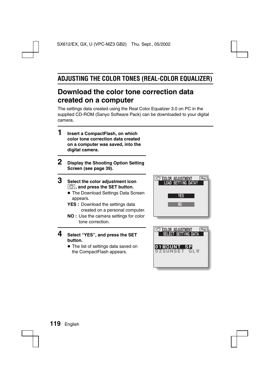 Adjusting the color tones (real-color equalizer) | Sanyo VPC-MZ3 User Manual | Page 122 / 218