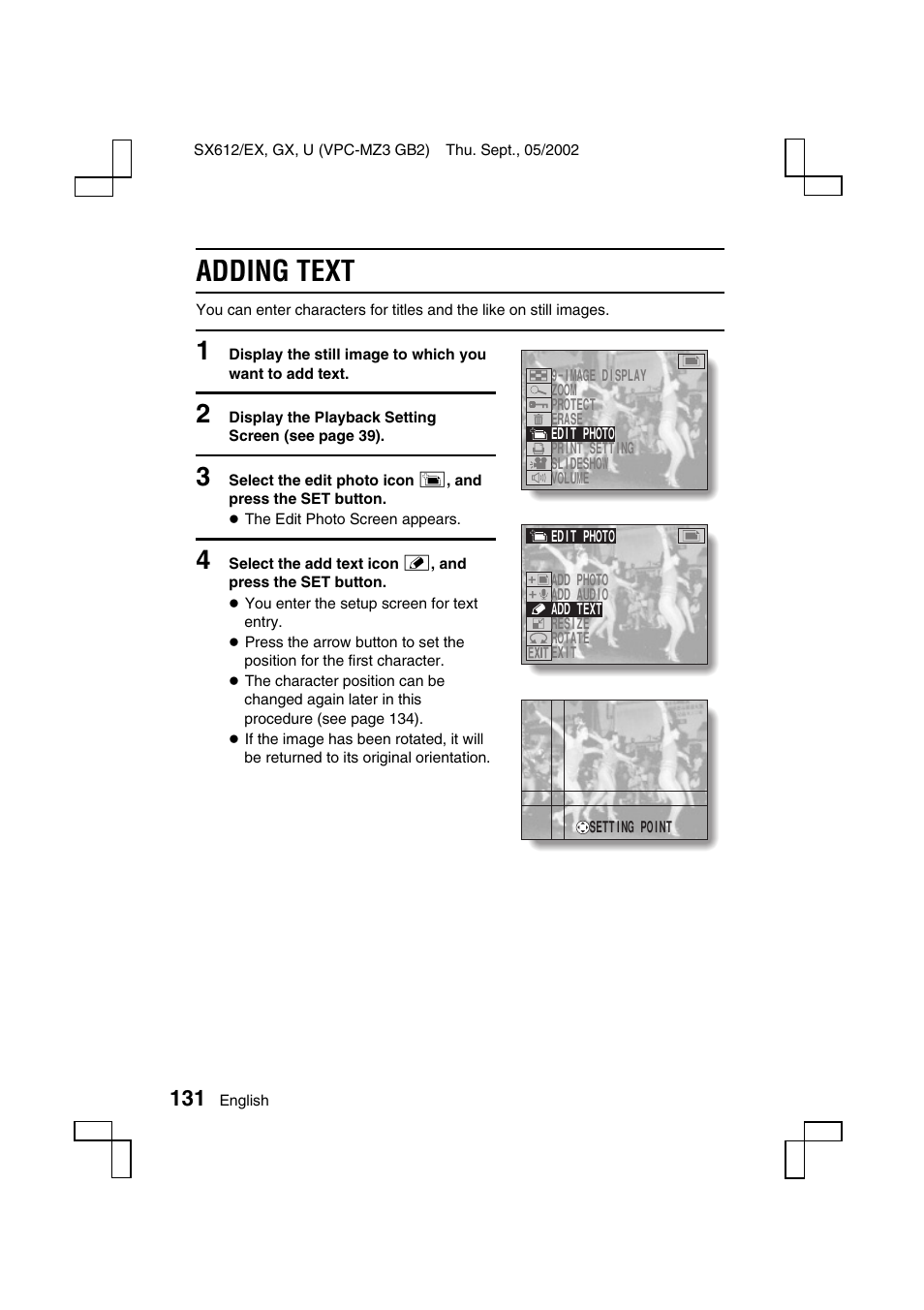 Adding text | Sanyo VPC-MZ3 User Manual | Page 134 / 218