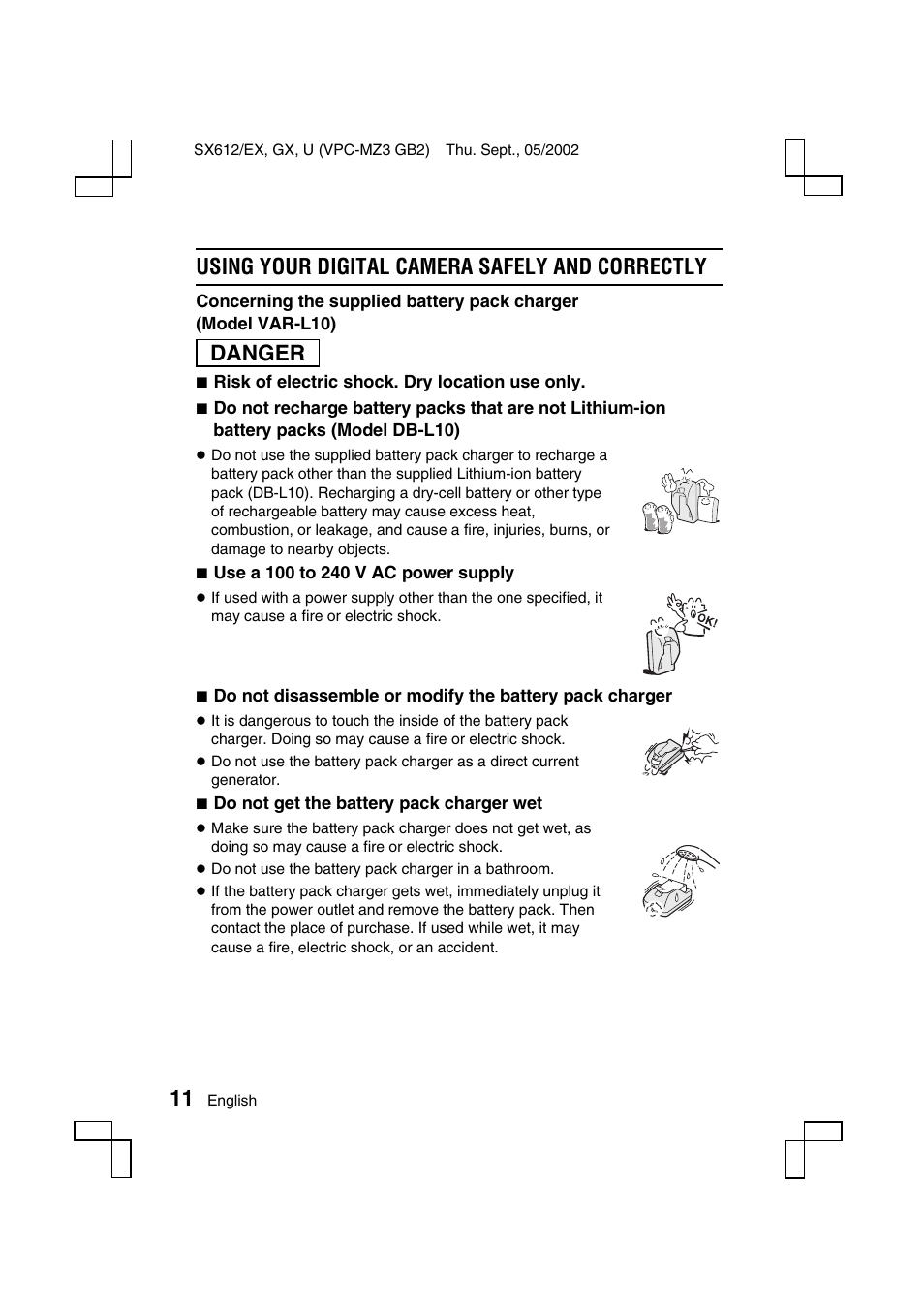 Using your digital camera safely and correctly, Danger | Sanyo VPC-MZ3 User Manual | Page 14 / 218