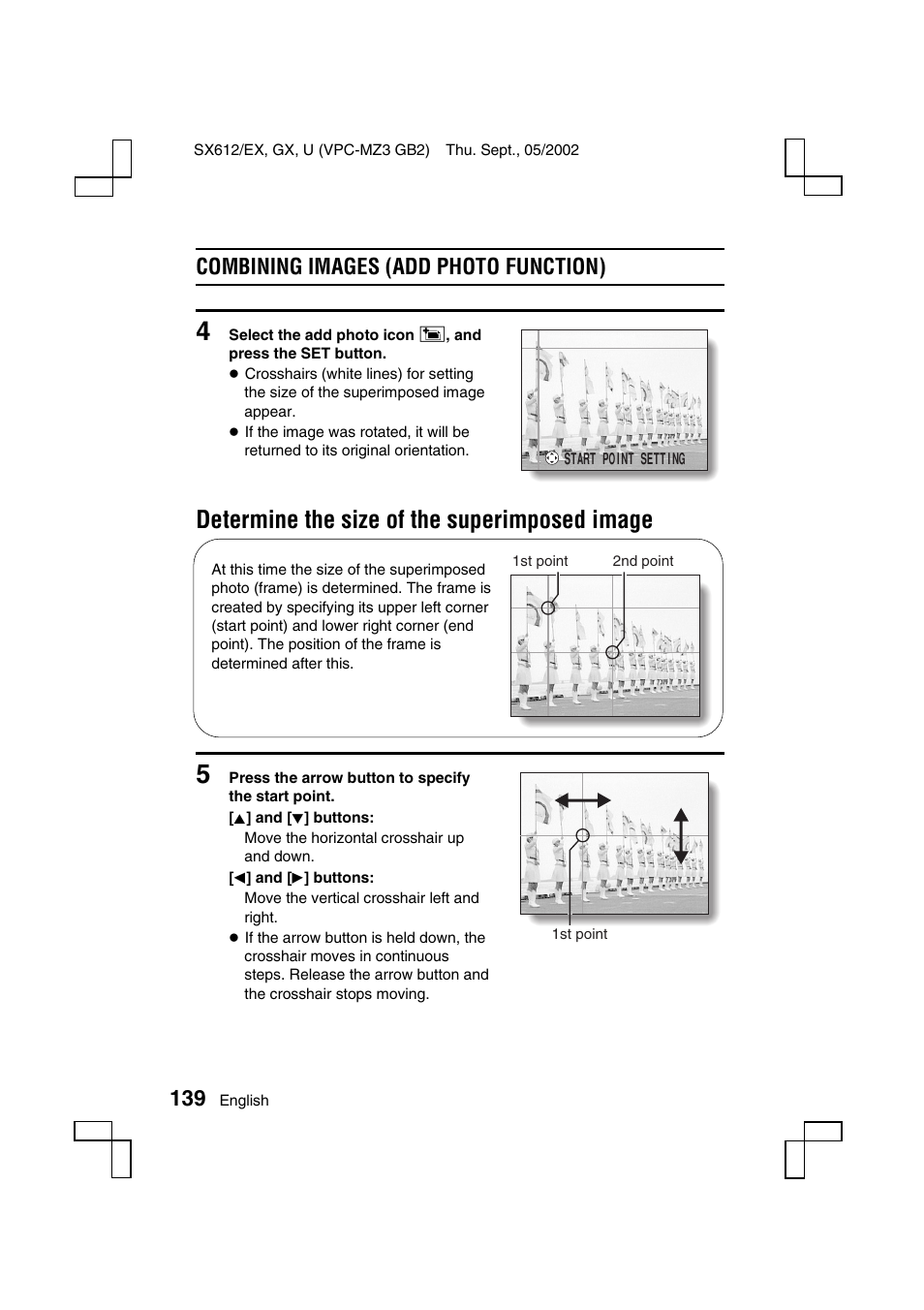 Determine the size of the superimposed image, Combining images (add photo function) | Sanyo VPC-MZ3 User Manual | Page 142 / 218