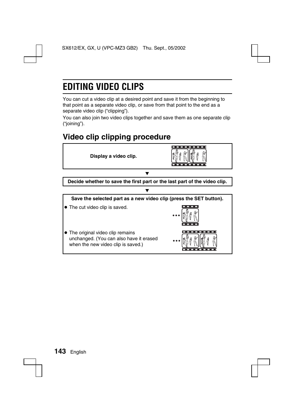 Editing video clips, Video clip clipping procedure | Sanyo VPC-MZ3 User Manual | Page 146 / 218