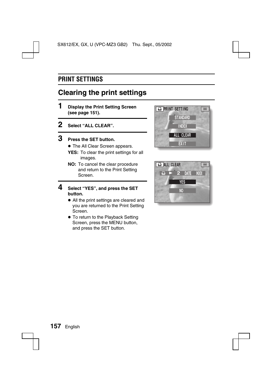 Clearing the print settings, Print settings | Sanyo VPC-MZ3 User Manual | Page 160 / 218