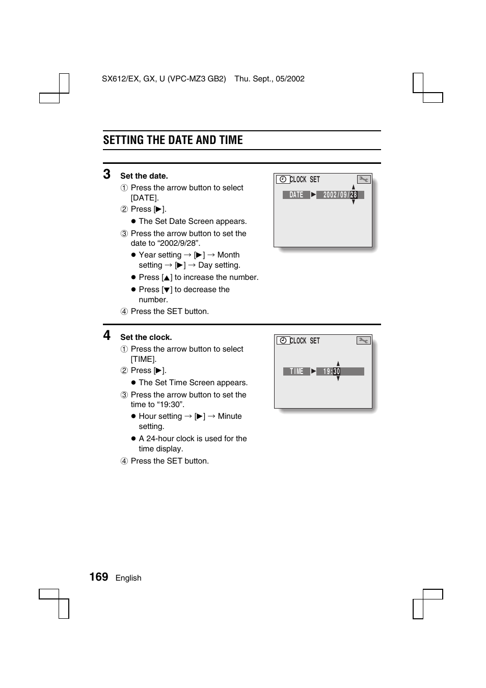 Setting the date and time | Sanyo VPC-MZ3 User Manual | Page 172 / 218