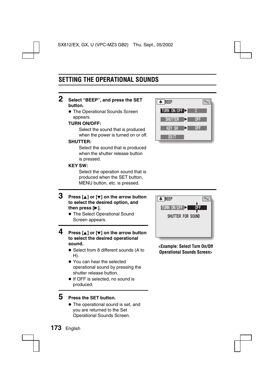 Setting the operational sounds | Sanyo VPC-MZ3 User Manual | Page 176 / 218