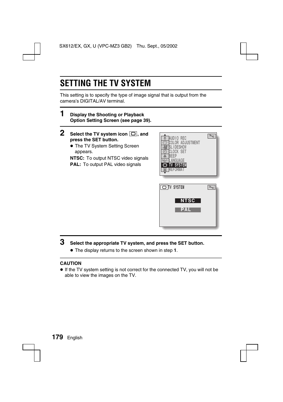 Setting the tv system | Sanyo VPC-MZ3 User Manual | Page 182 / 218