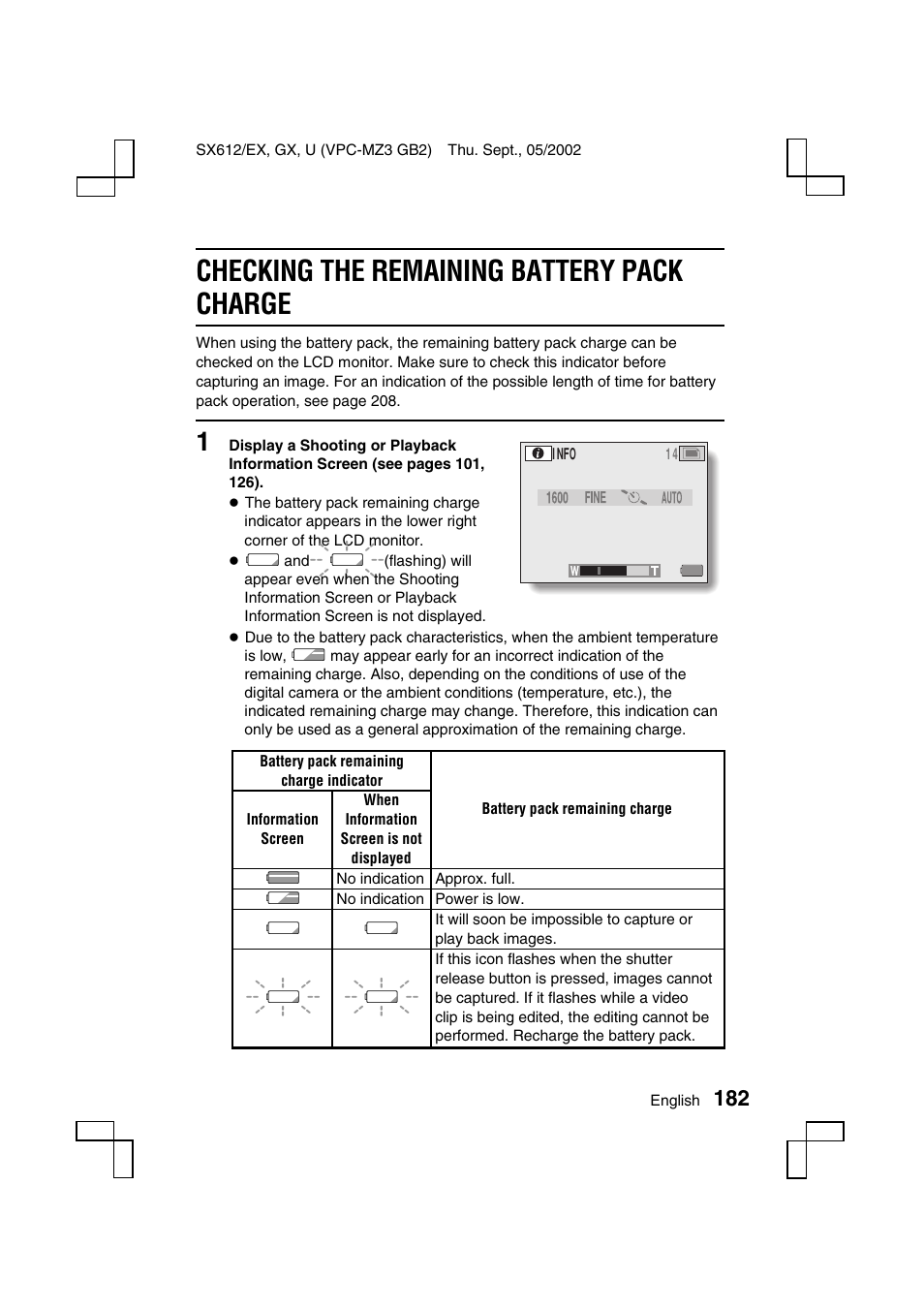 Checking the remaining battery pack charge | Sanyo VPC-MZ3 User Manual | Page 185 / 218