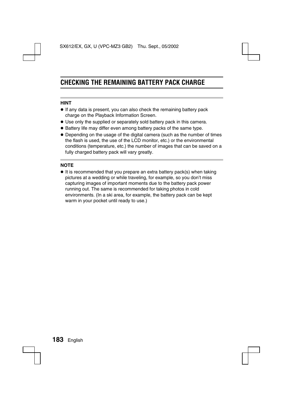 Checking the remaining battery pack charge | Sanyo VPC-MZ3 User Manual | Page 186 / 218