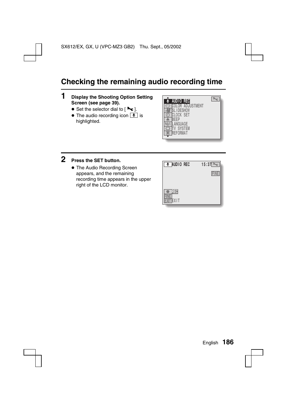 Checking the remaining audio recording time | Sanyo VPC-MZ3 User Manual | Page 189 / 218