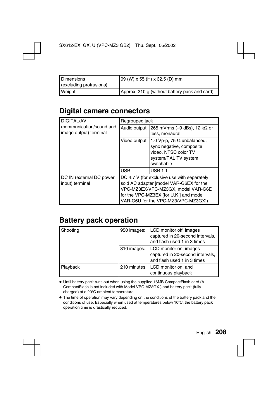 Digital camera connectors, Battery pack operation | Sanyo VPC-MZ3 User Manual | Page 211 / 218