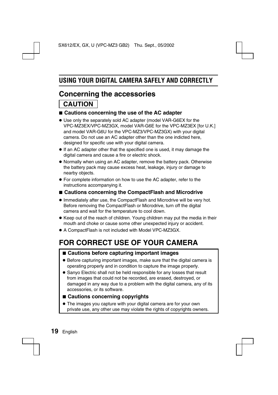 Concerning the accessories, For correct use of your camera, Using your digital camera safely and correctly | Caution | Sanyo VPC-MZ3 User Manual | Page 22 / 218