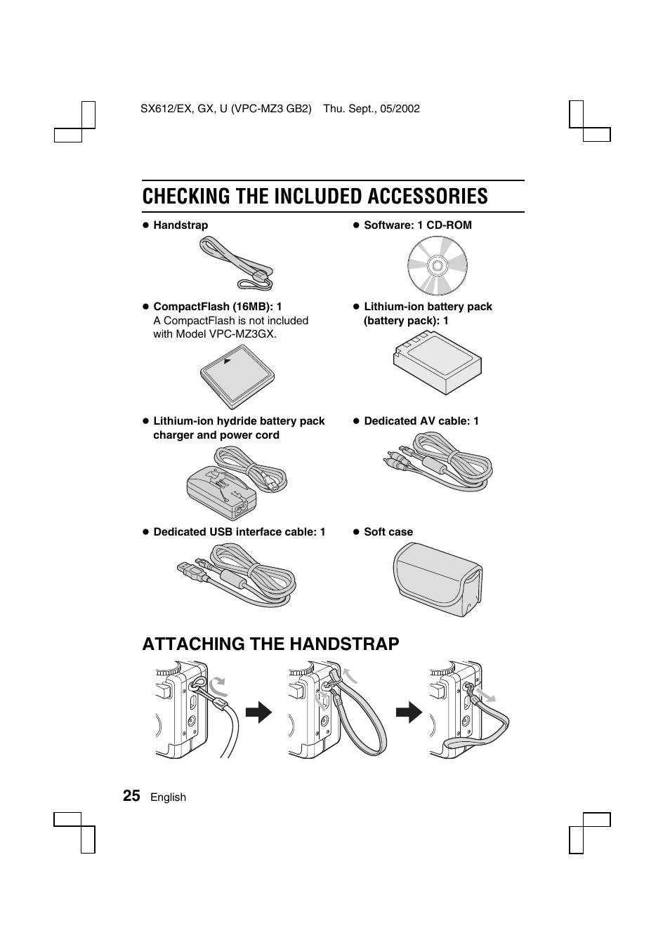 Checking the included accessories, Attaching the handstrap | Sanyo VPC-MZ3 User Manual | Page 28 / 218