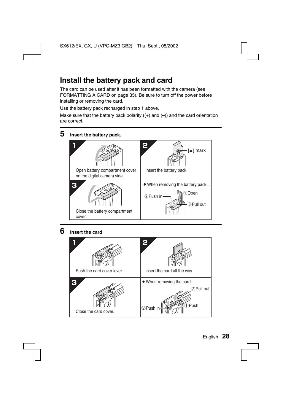 Install the battery pack and card | Sanyo VPC-MZ3 User Manual | Page 31 / 218