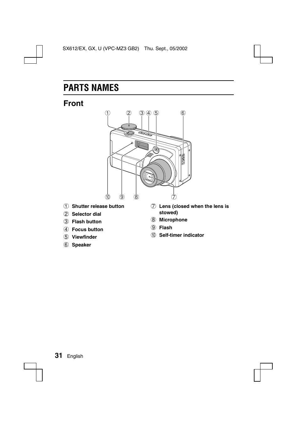 Parts names, Front | Sanyo VPC-MZ3 User Manual | Page 34 / 218