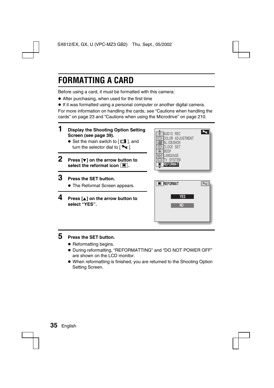 Formatting a card | Sanyo VPC-MZ3 User Manual | Page 38 / 218