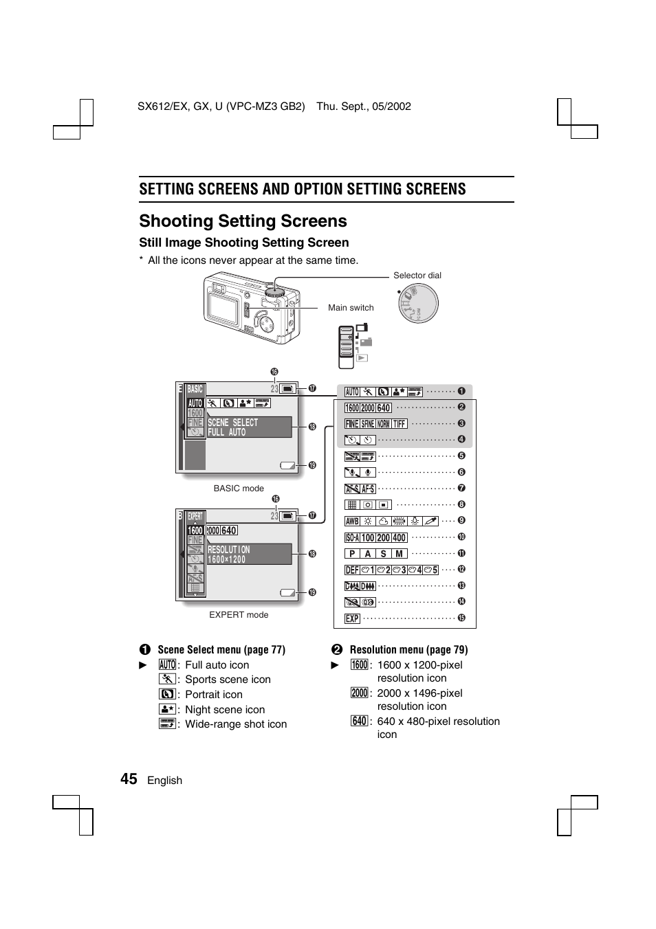 Shooting setting screens, Setting screens and option setting screens, Still image shooting setting screen | Sanyo VPC-MZ3 User Manual | Page 48 / 218