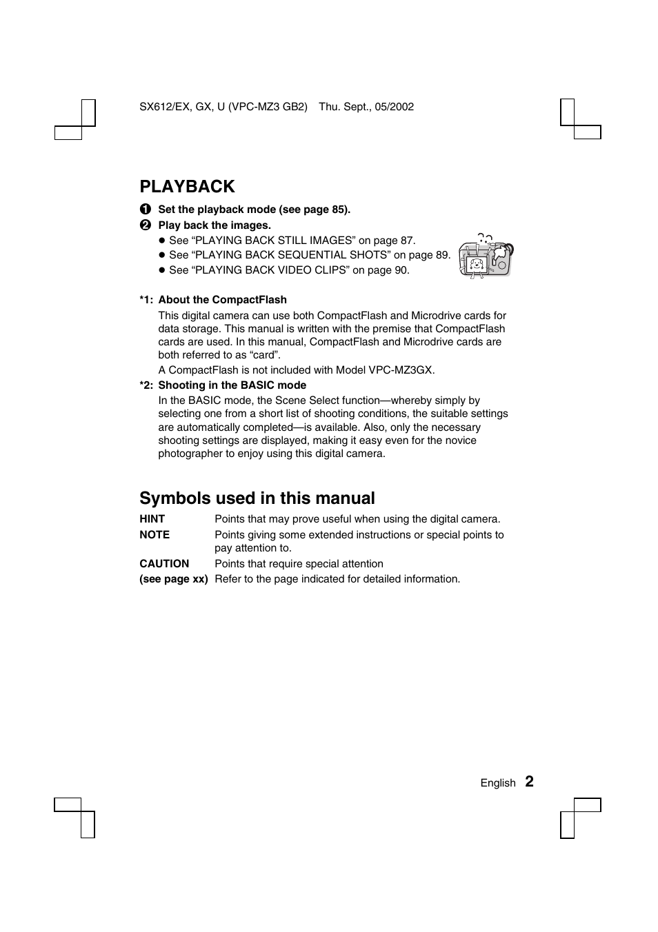 Playback, Symbols used in this manual | Sanyo VPC-MZ3 User Manual | Page 5 / 218