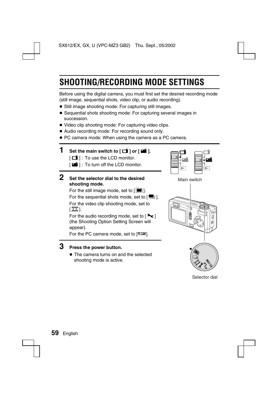 Shooting/recording mode settings | Sanyo VPC-MZ3 User Manual | Page 62 / 218