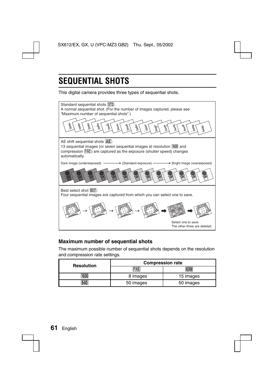 Sequential shots, Maximum number of sequential shots | Sanyo VPC-MZ3 User Manual | Page 64 / 218