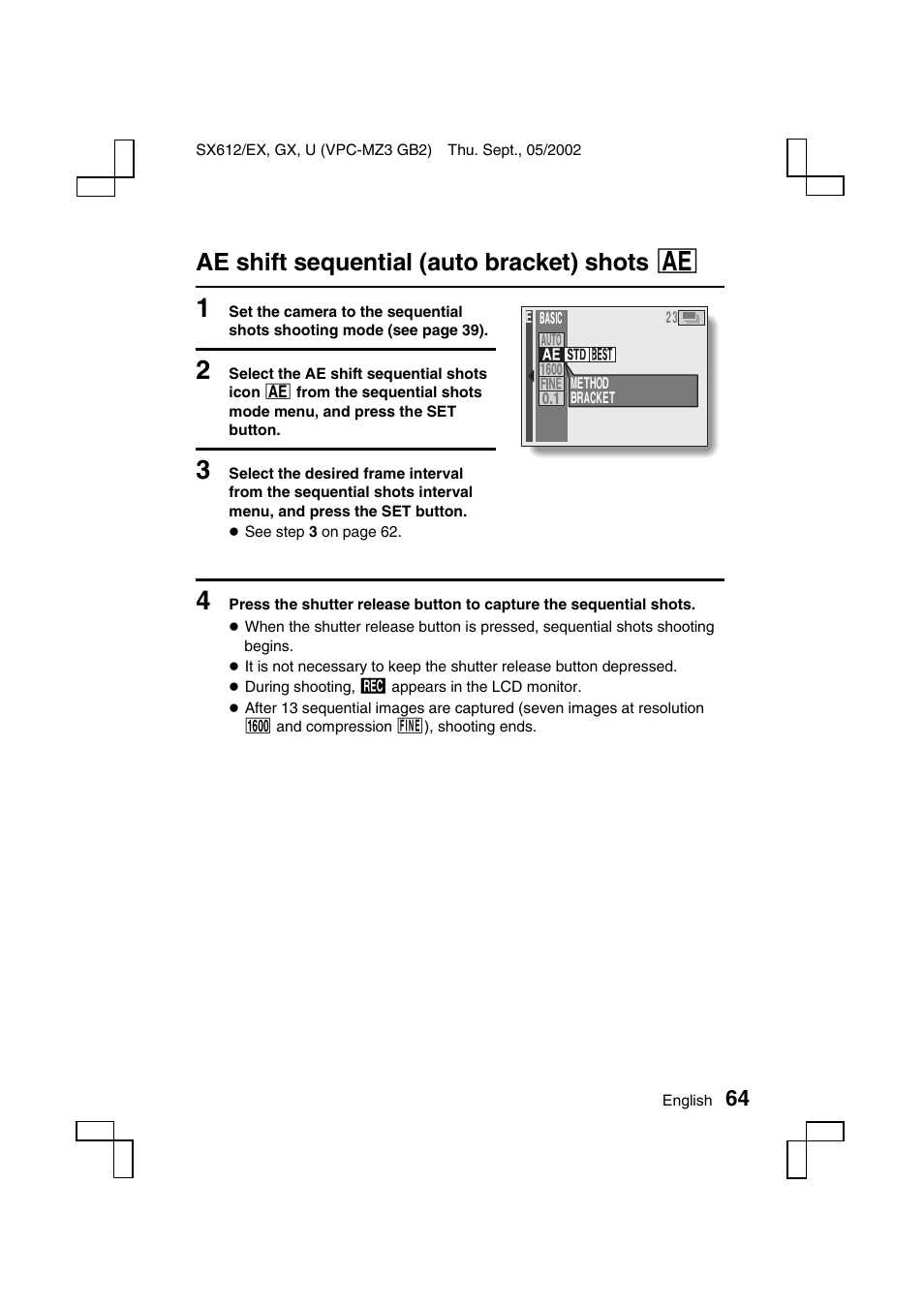 Ae shift sequential (auto bracket) shots a | Sanyo VPC-MZ3 User Manual | Page 67 / 218