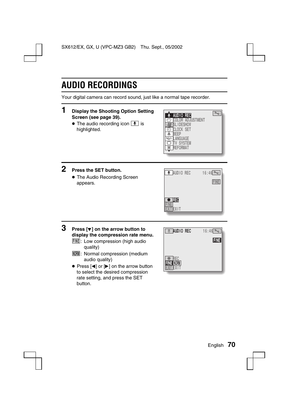 Audio recordings | Sanyo VPC-MZ3 User Manual | Page 73 / 218