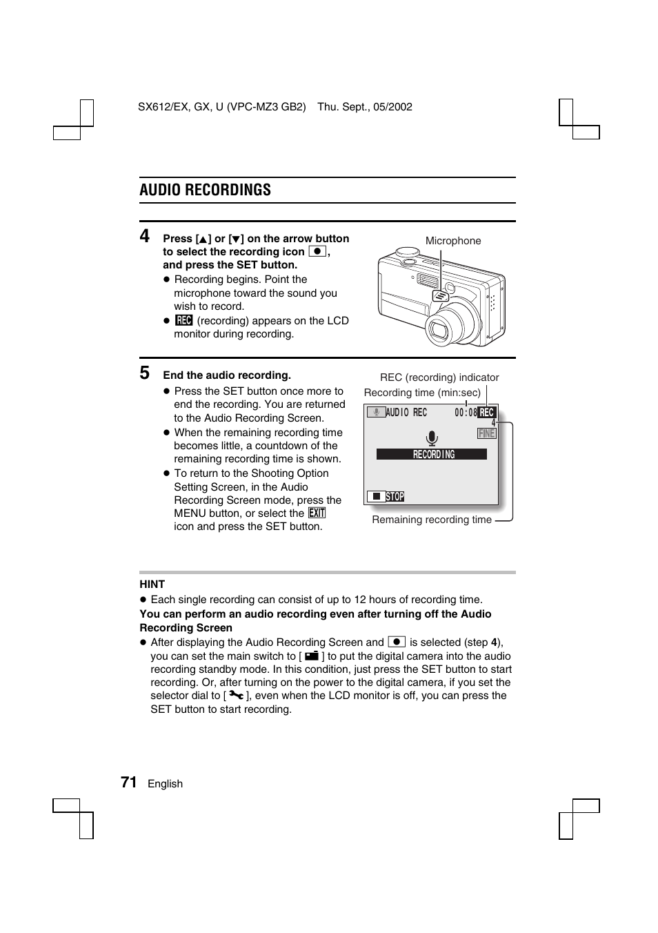 Audio recordings | Sanyo VPC-MZ3 User Manual | Page 74 / 218