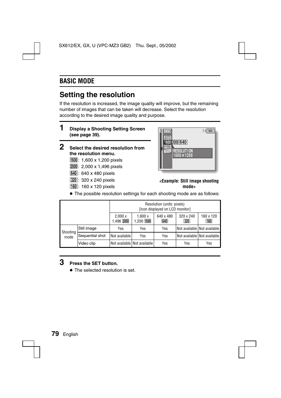 Setting the resolution, Basic mode | Sanyo VPC-MZ3 User Manual | Page 82 / 218
