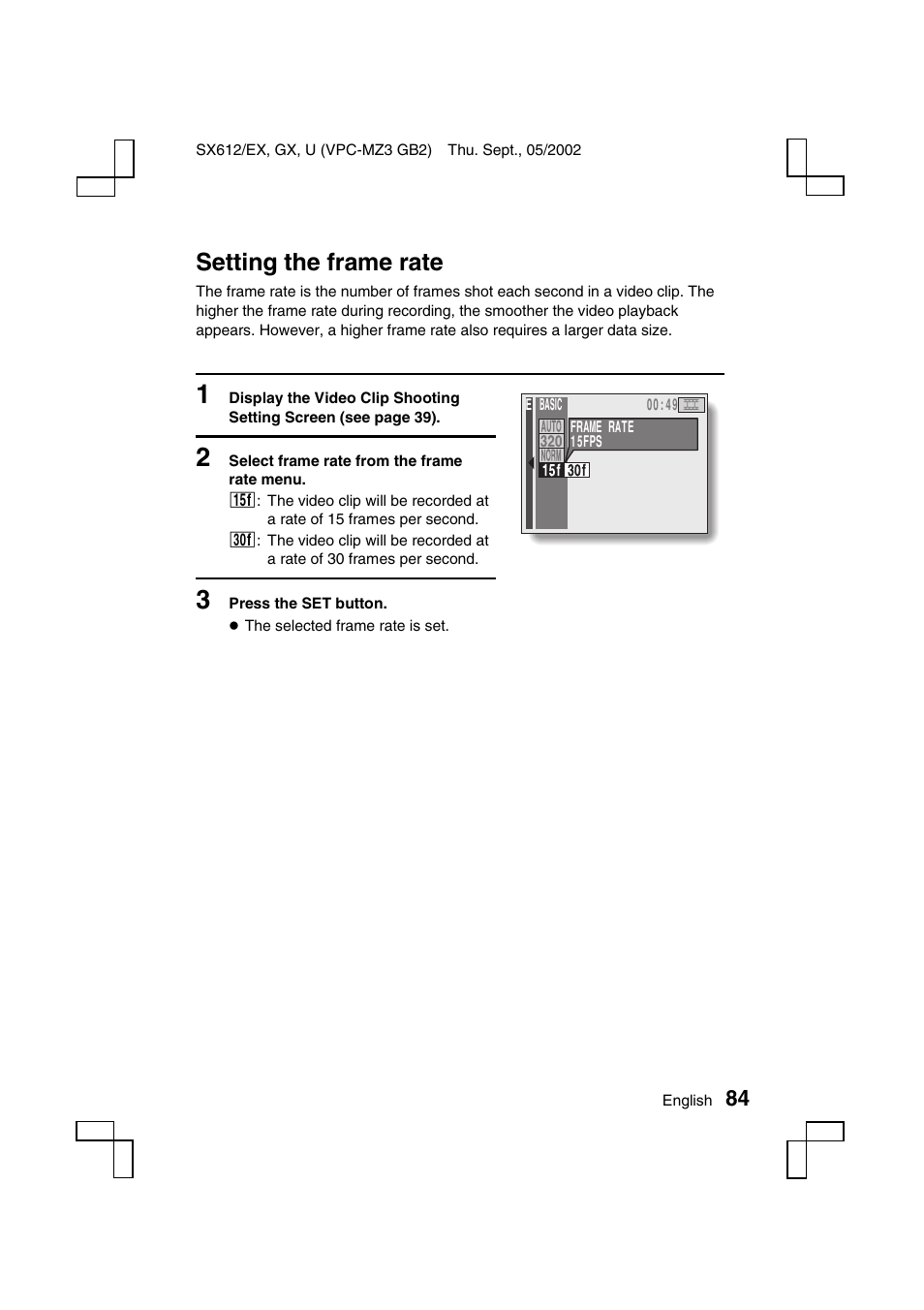 Setting the frame rate | Sanyo VPC-MZ3 User Manual | Page 87 / 218