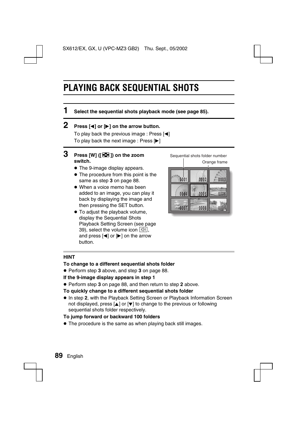 Playing back sequential shots | Sanyo VPC-MZ3 User Manual | Page 92 / 218